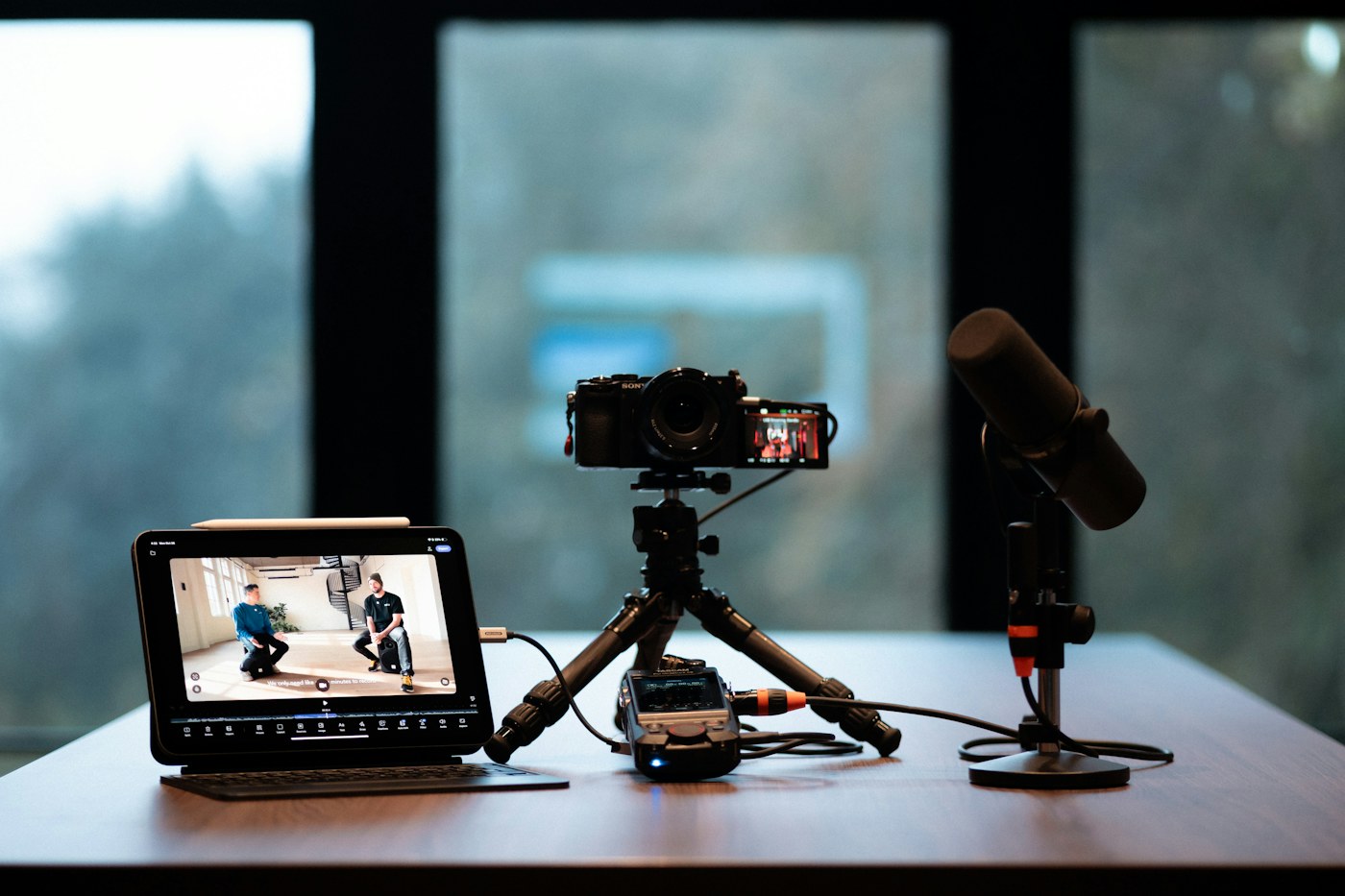 Professional recording equipment set up for an expert-led interview