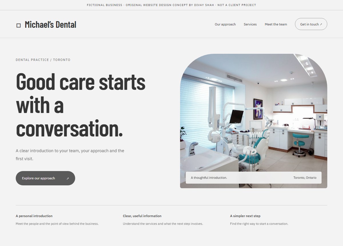 Original dental practice website design concept for the fictional Michael’s Dental brand in Toronto