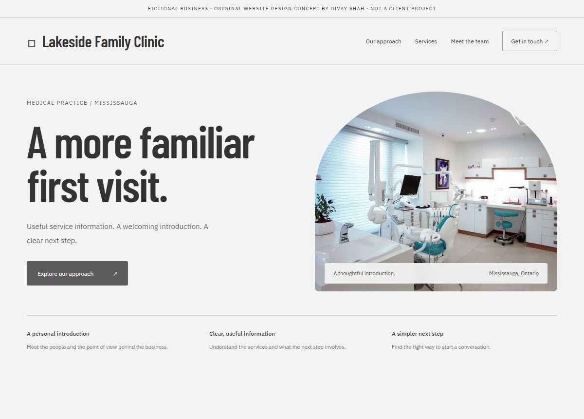 Original medical practice website design concept for the fictional Lakeside Family Clinic brand in Mississauga