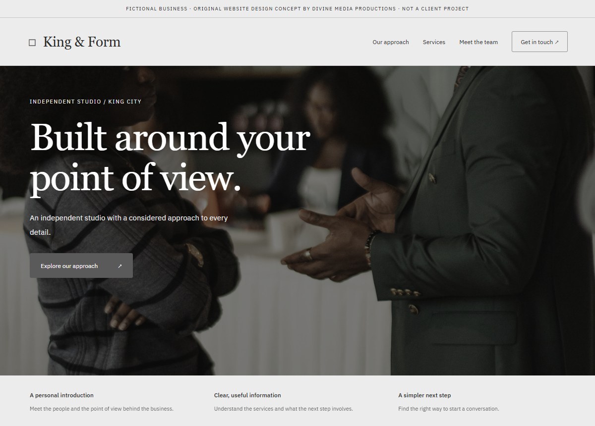 Original independent studio website design concept for the fictional King & Form brand in King City